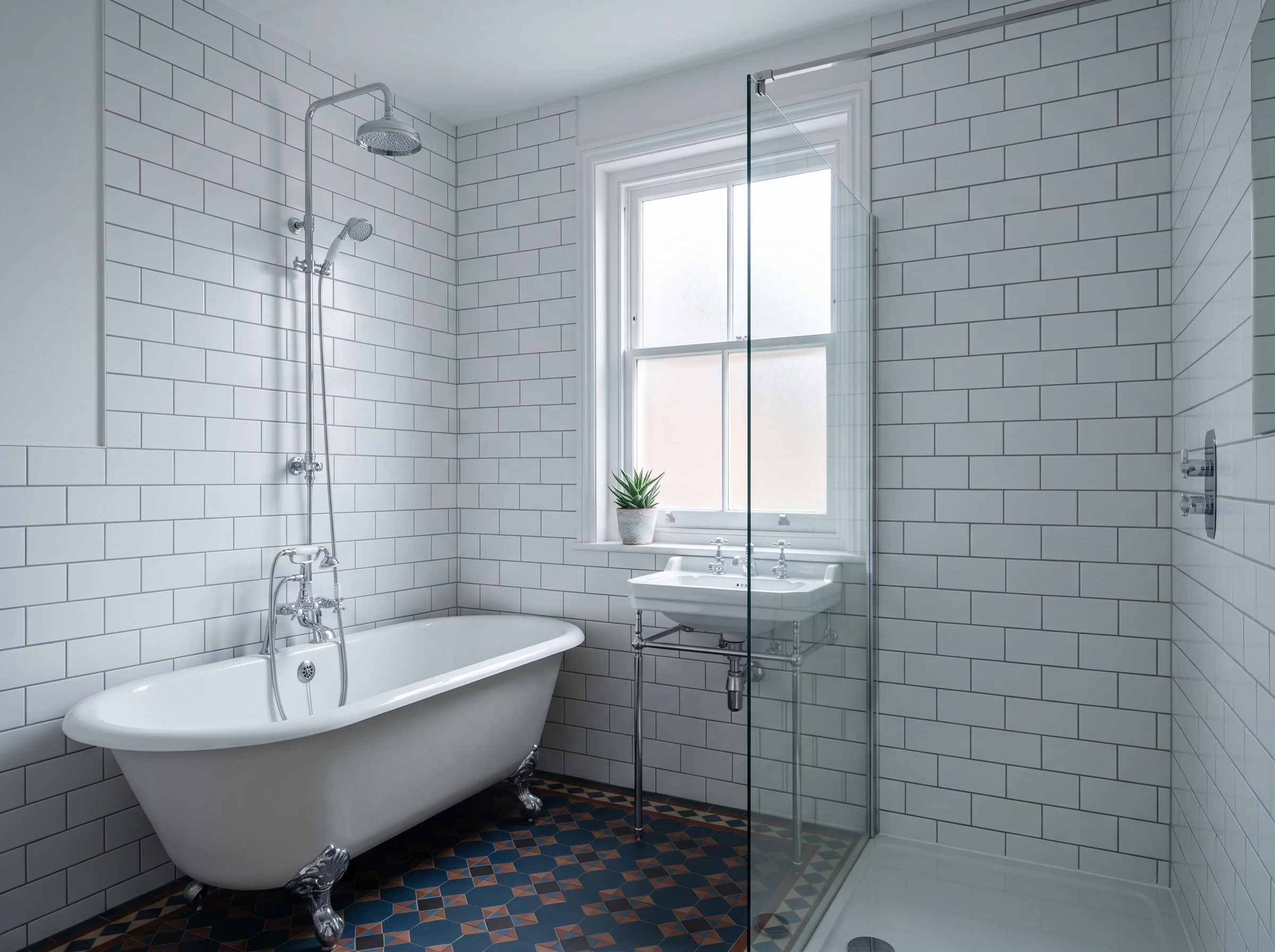 White metro-tiled bathroom in a Victorian terrace with perfectly straight grout lines in soft daylight.