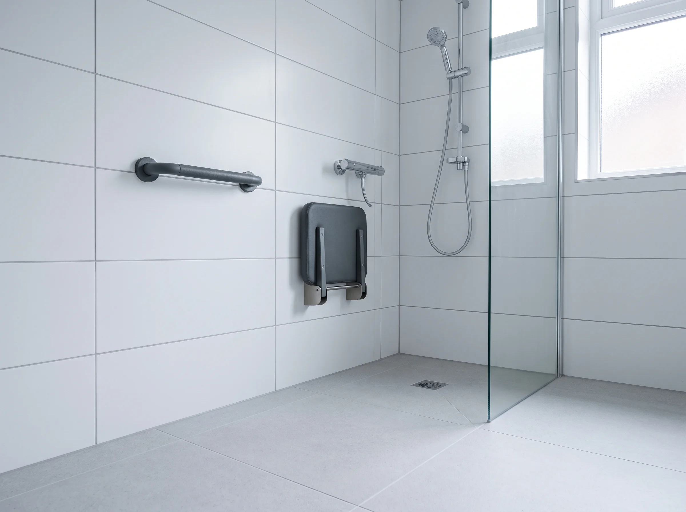 Level-access walk-in shower with grab rail and fold-down seat, tiled floor falling gently to a linear drain.