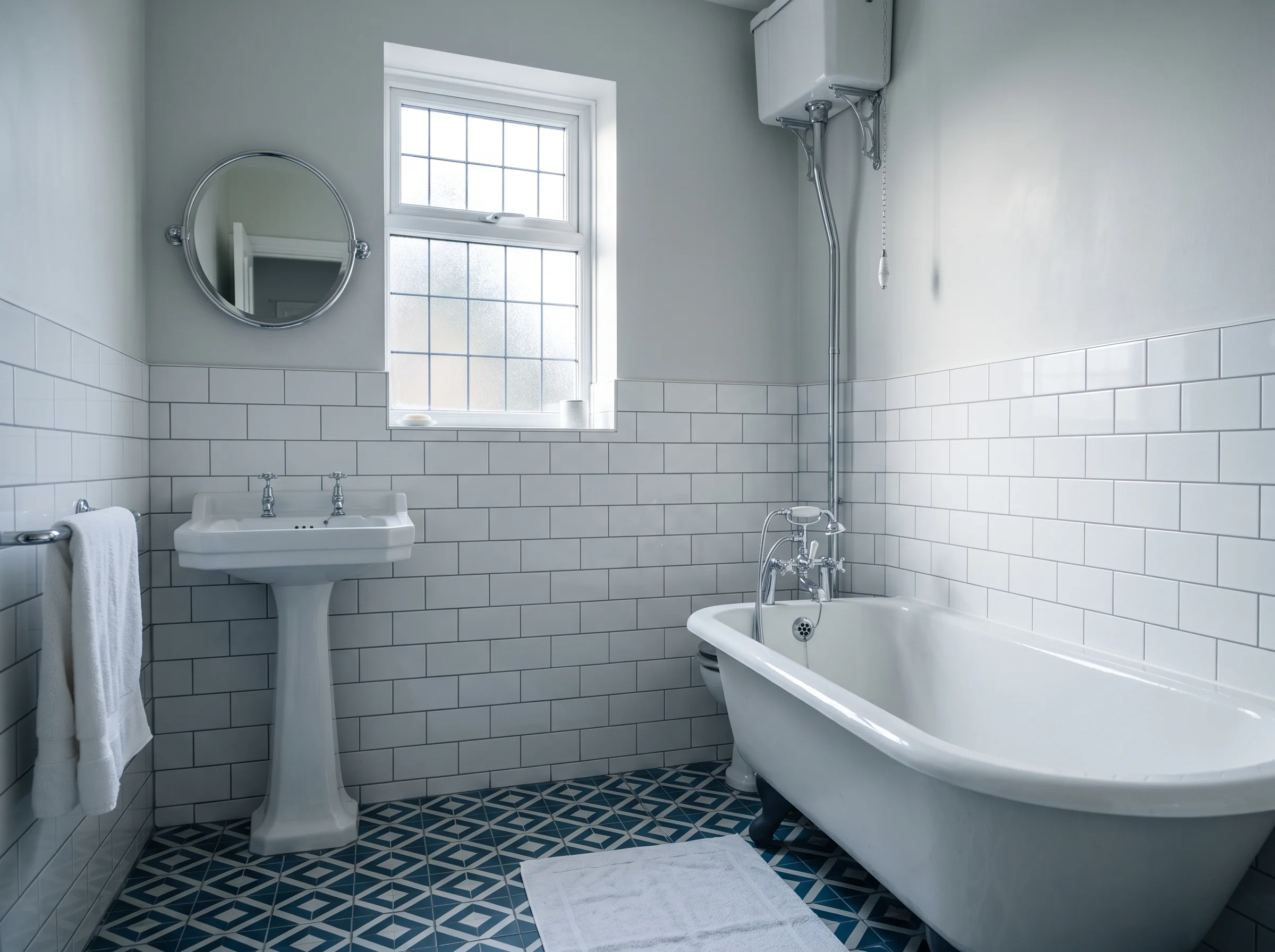 Morning light across the porcelain basin and tiled walls of a refitted 1930s semi family bathroom.