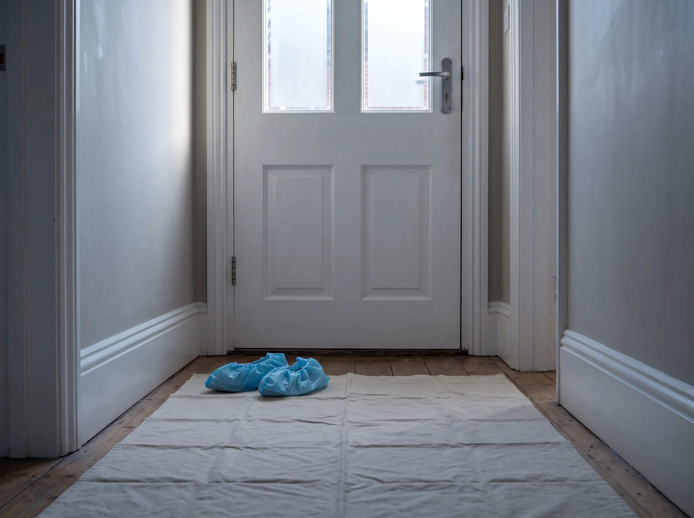Pair of shoe covers placed neatly on a dust sheet at a front door, morning light down the hallway.