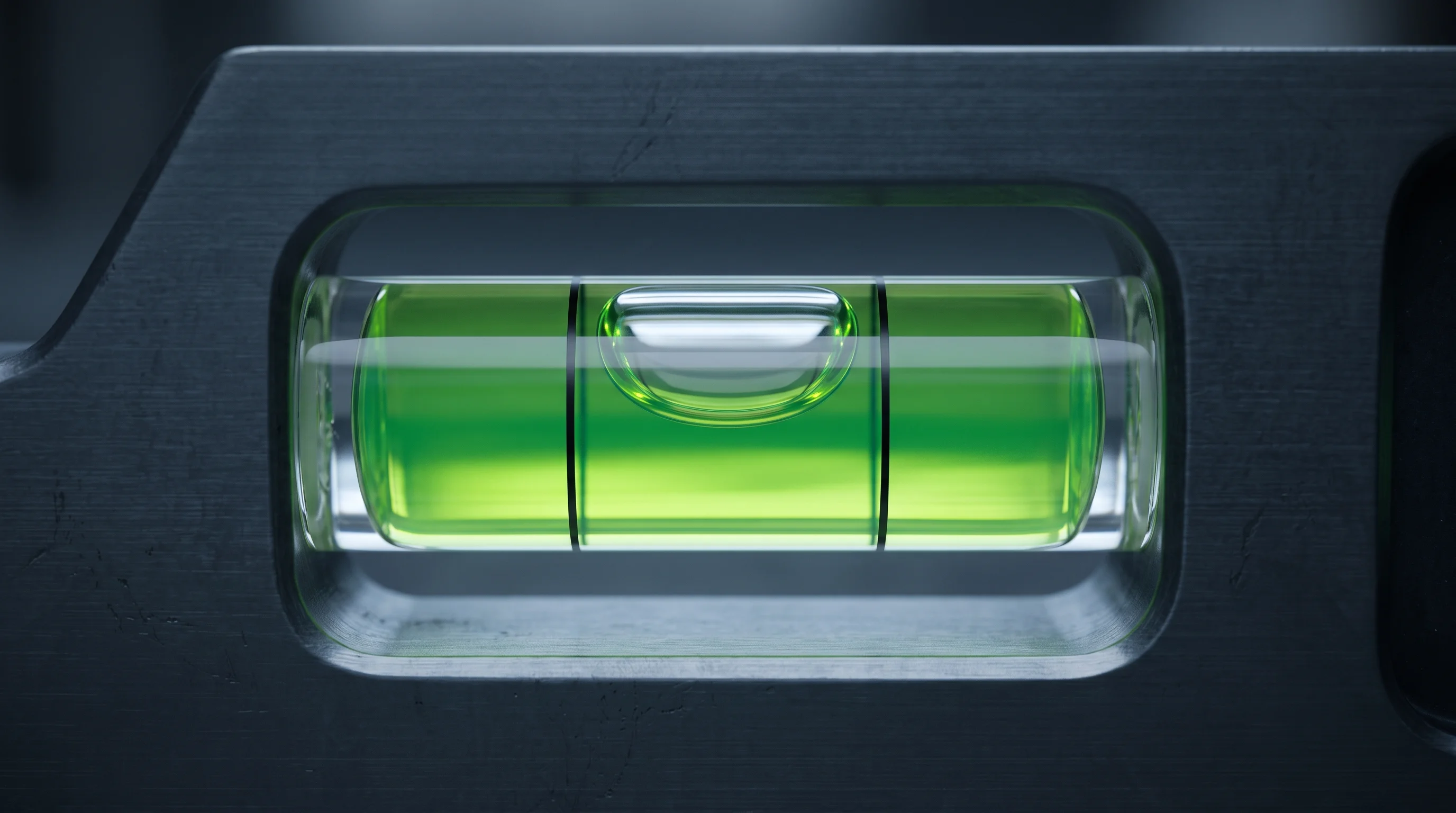 Close-up of a spirit level's fluorescent green vial against deep slate blue, the bubble sitting exactly between its etched marks.