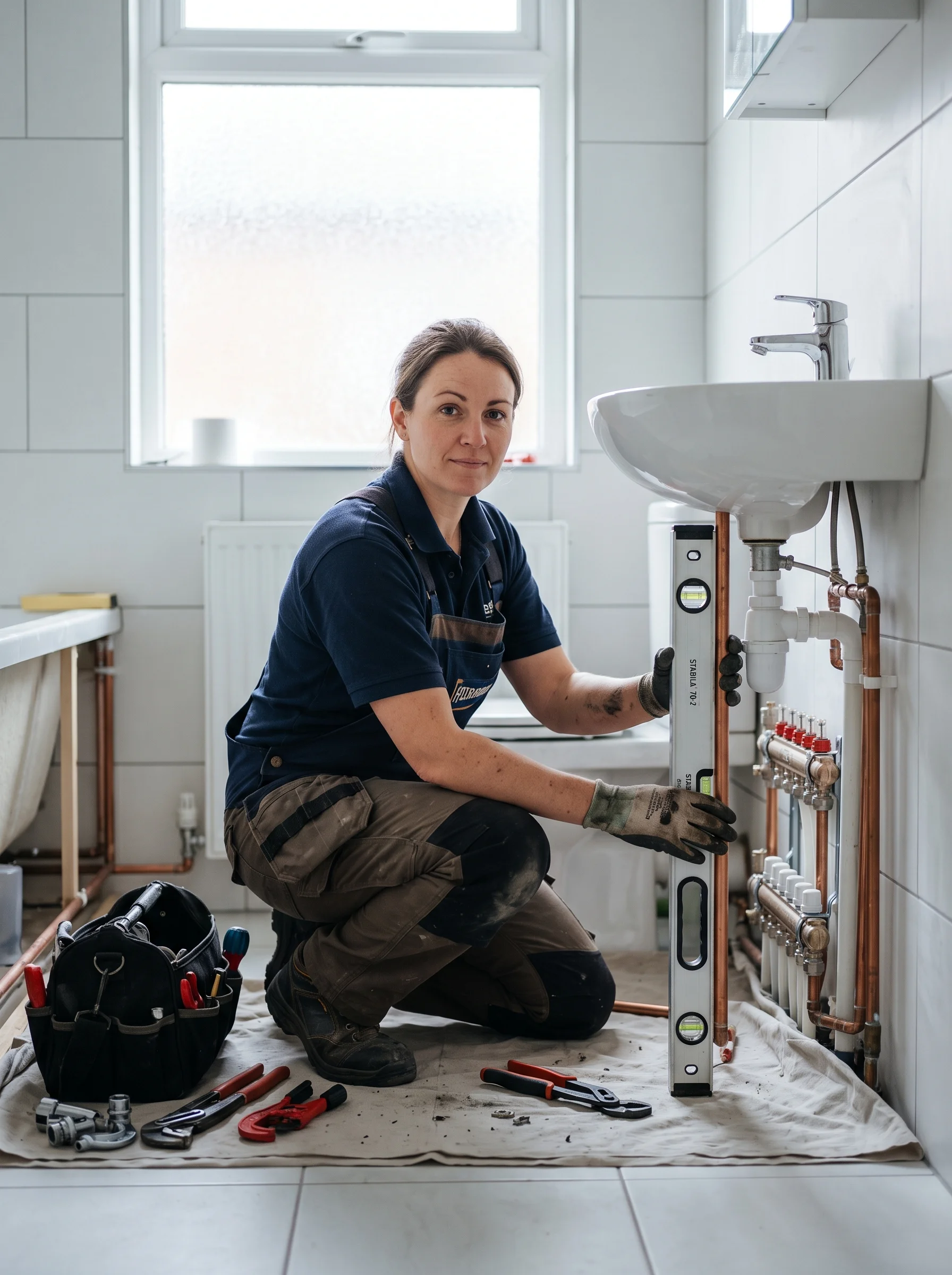Plumber mid-job in a bathroom, sleeves rolled, holding a spirit level and looking calmly at the camera.