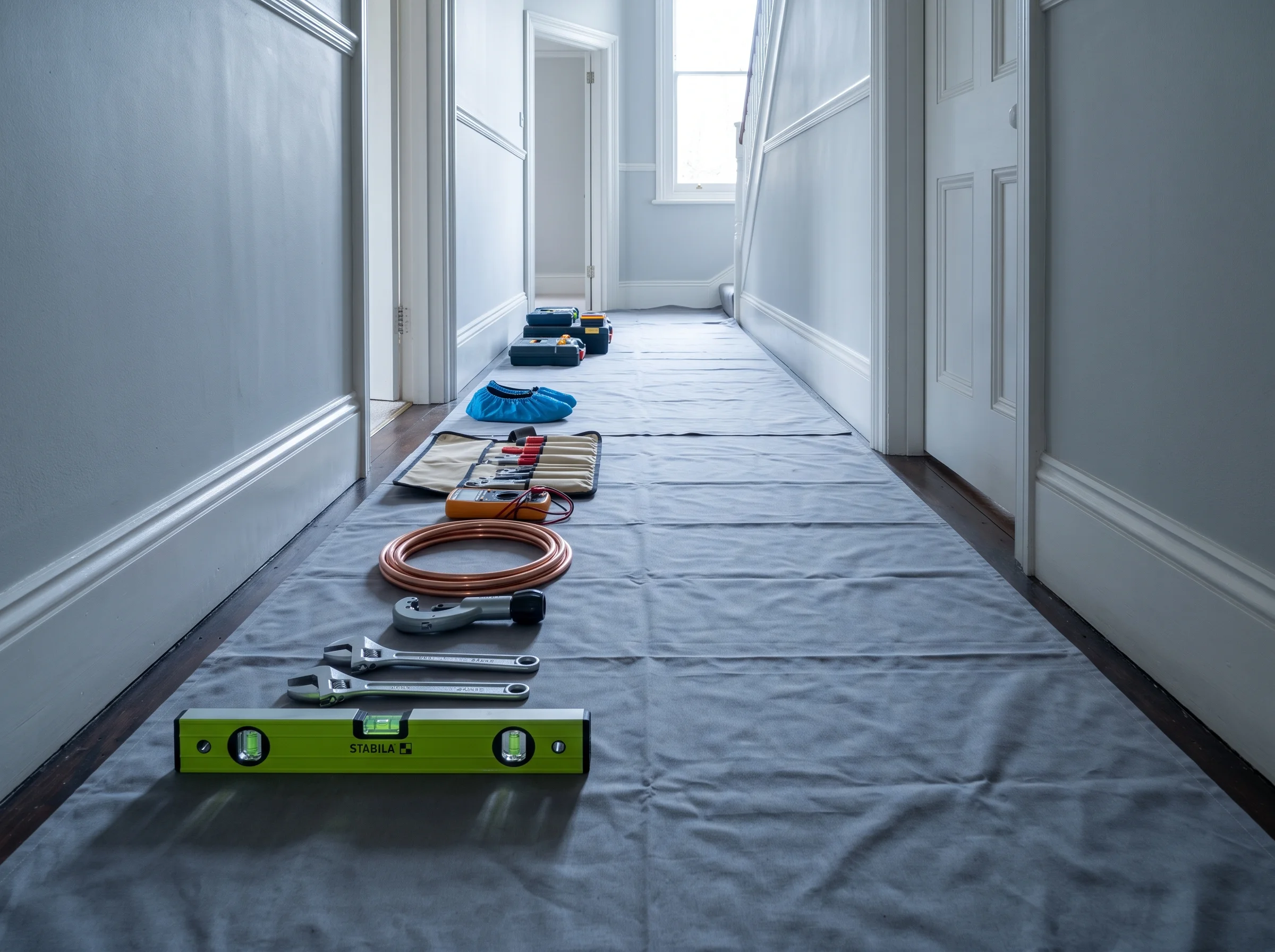 Dust sheets laid neatly along a hallway from the front door, with tools arranged in order.