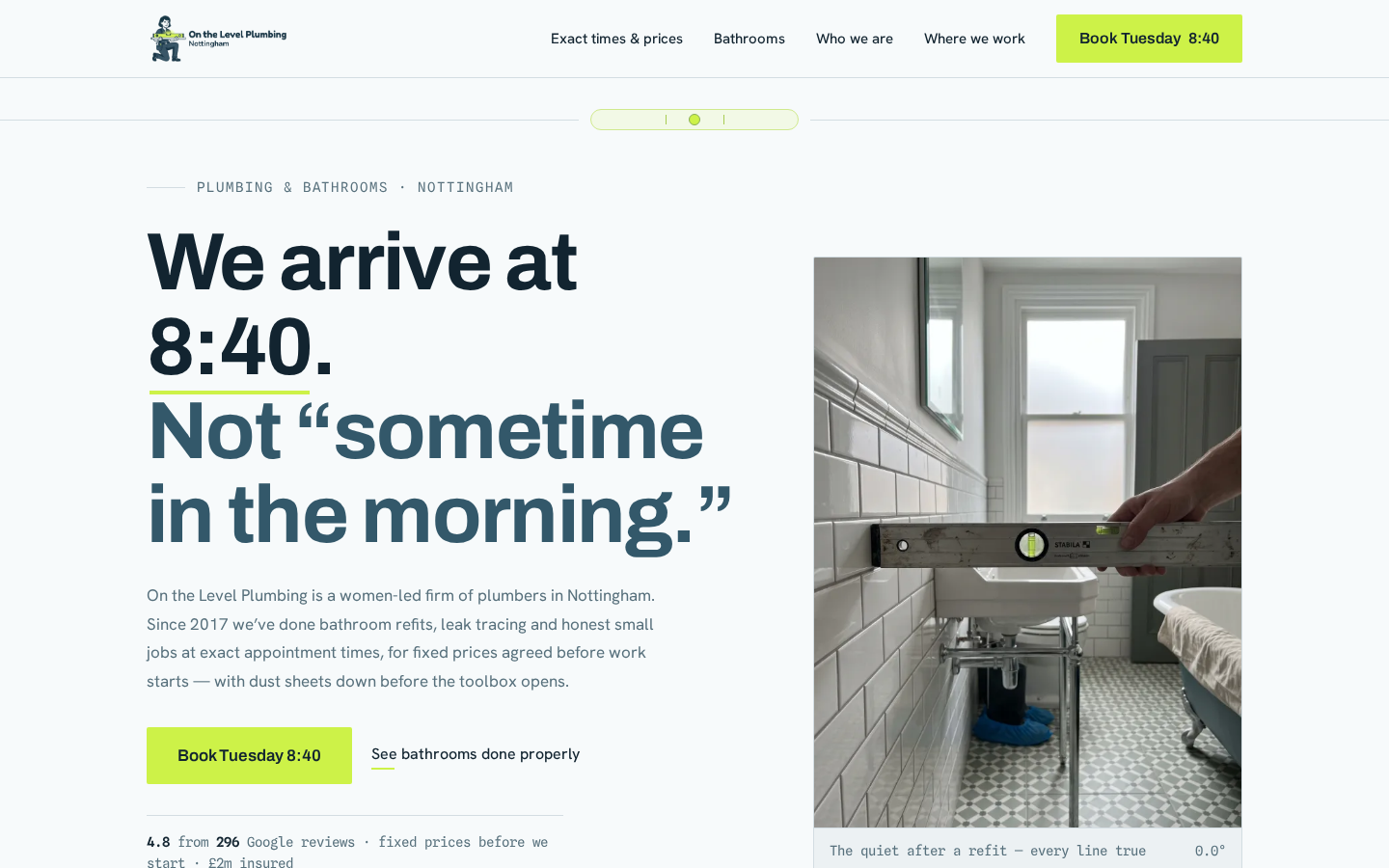 On the Level Plumbing home page on a desktop screen
